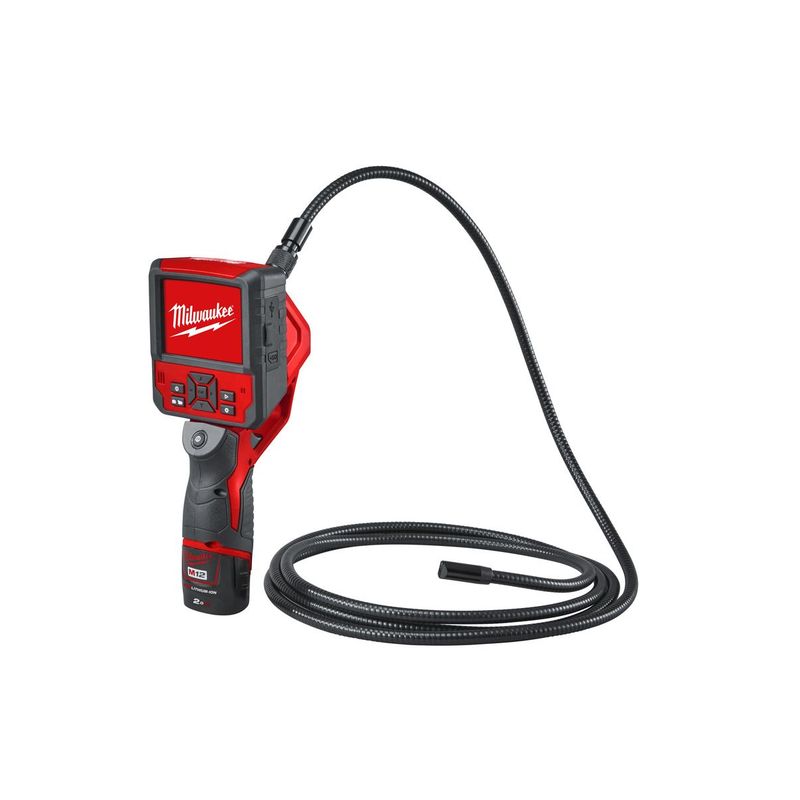 M12ICAV3-201C Cámara de inspección M12™, diámetro del cable 12,4mm, diámetro del cabezal 12mm, longitud del cable 2,7m, tamaño pantalla 85mm, pantalla desmontable, zoom 4x y rotación de imagen, 4 LED´s envolventes. Incluye cable de 2,7m y tarjeta SD 8GB. Se suministra con 1 batería M12B2 y cargador C12C, en bolsa de transporte